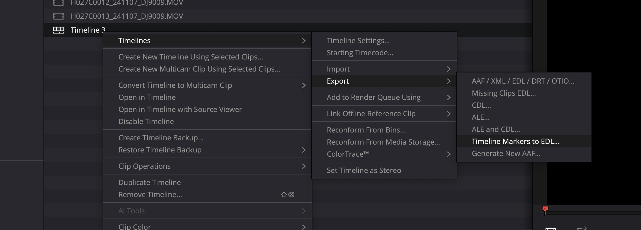Resolve export menu